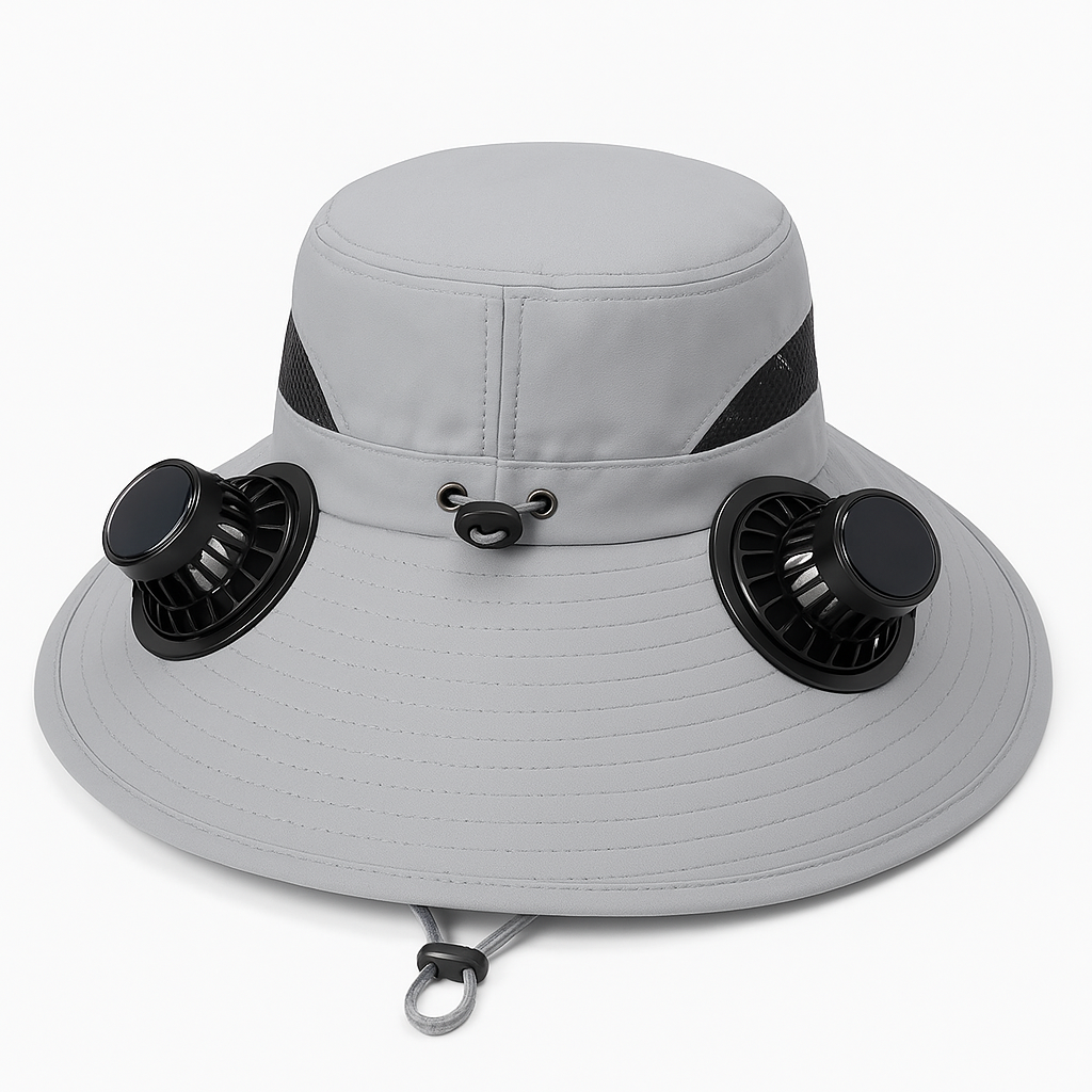 Solar USB fan sun hat worn outdoors with the wide brim shading the face