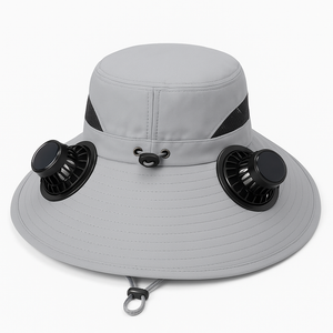 Solar USB fan sun hat worn outdoors with the wide brim shading the face