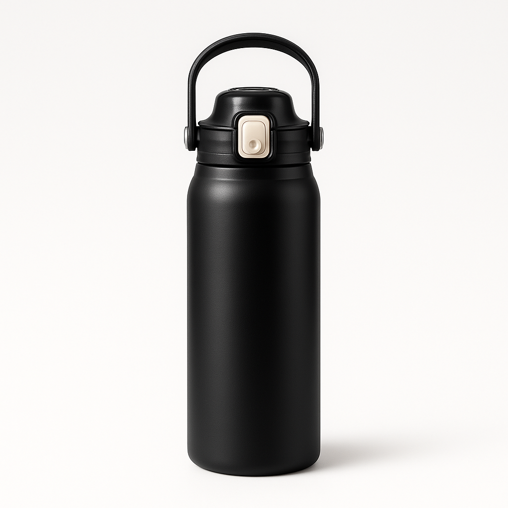 Stainless steel thermos cup with straw on a morning desk by a window