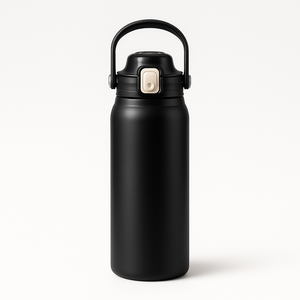 Stainless steel thermos cup with straw on a morning desk by a window