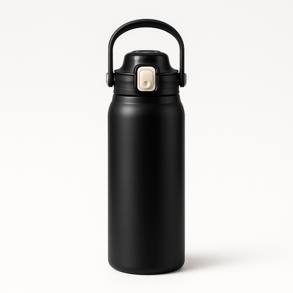 Stainless steel thermos cup with straw on a morning desk by a window