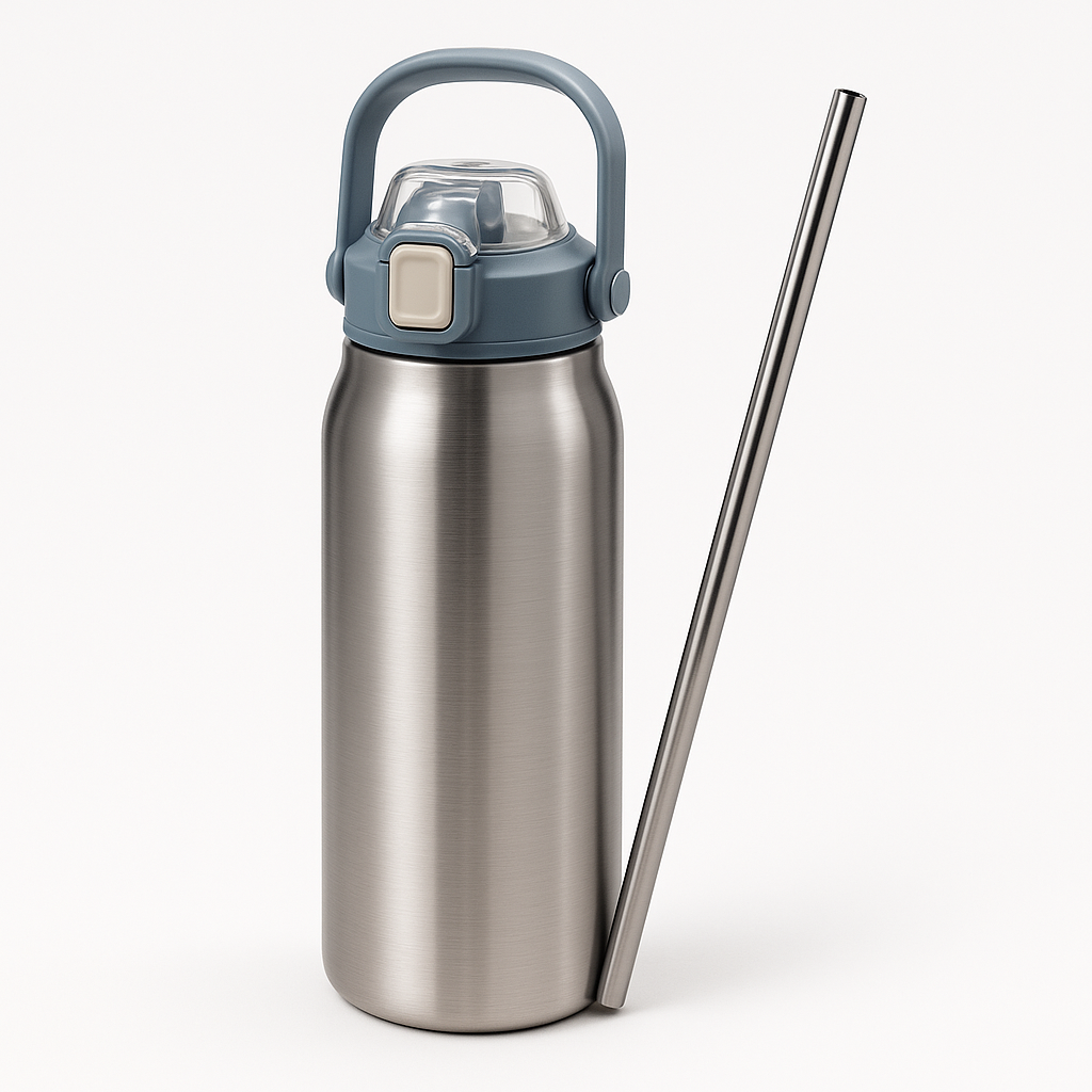Front view of double wall tumbler with both lids beside it