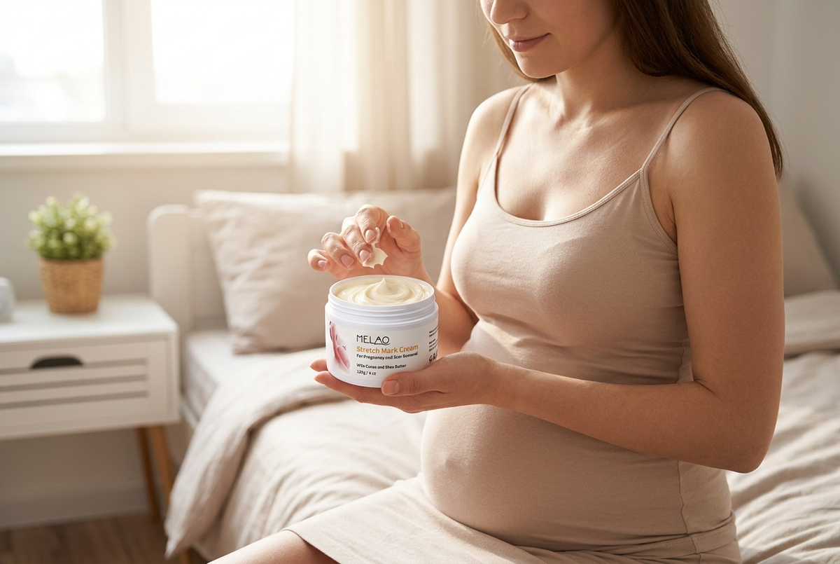 Expecting mother scooping the Melao stretch mark cream