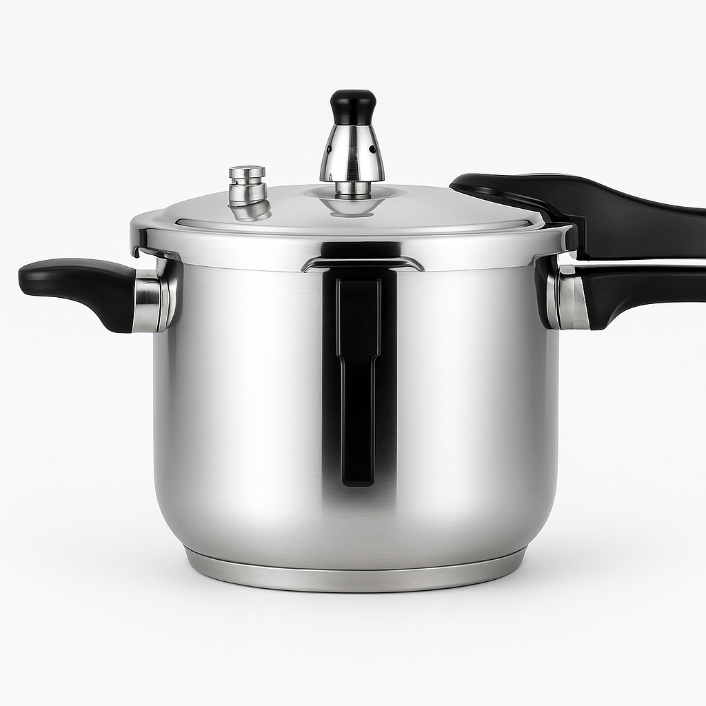 Stainless steel stovetop pressure cooker with locking lid handle on a kitchen counter
