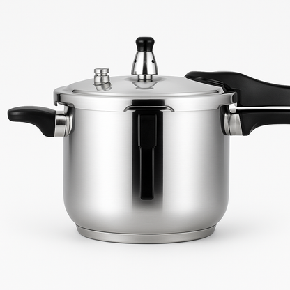 Stainless steel stovetop pressure cooker with locking lid handle on a kitchen counter