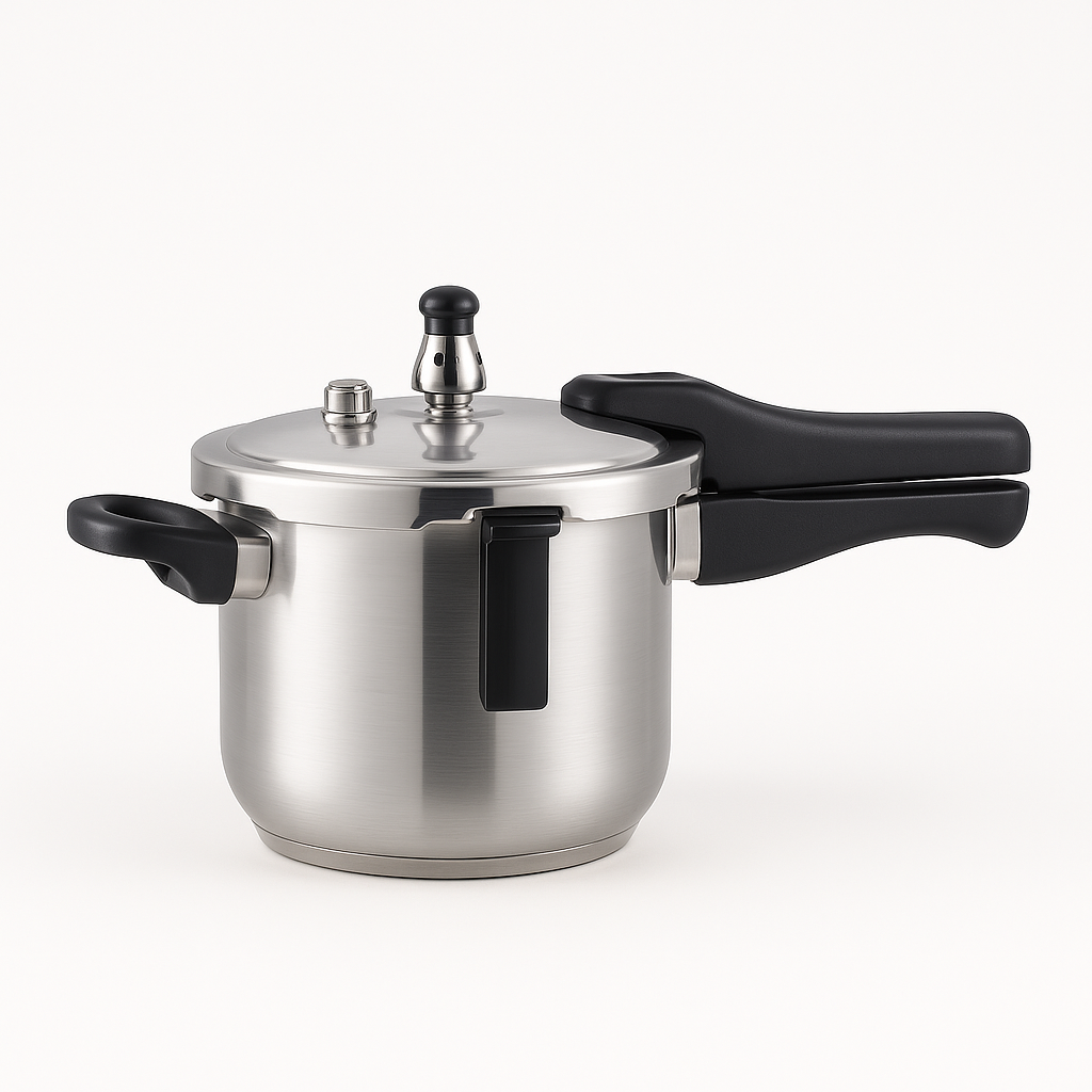 Front view of the 304 stainless steel pressure cooker with pressure valve on the lid
