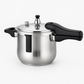 Close-up of the brushed steel body and locking side handle of the pressure cooker