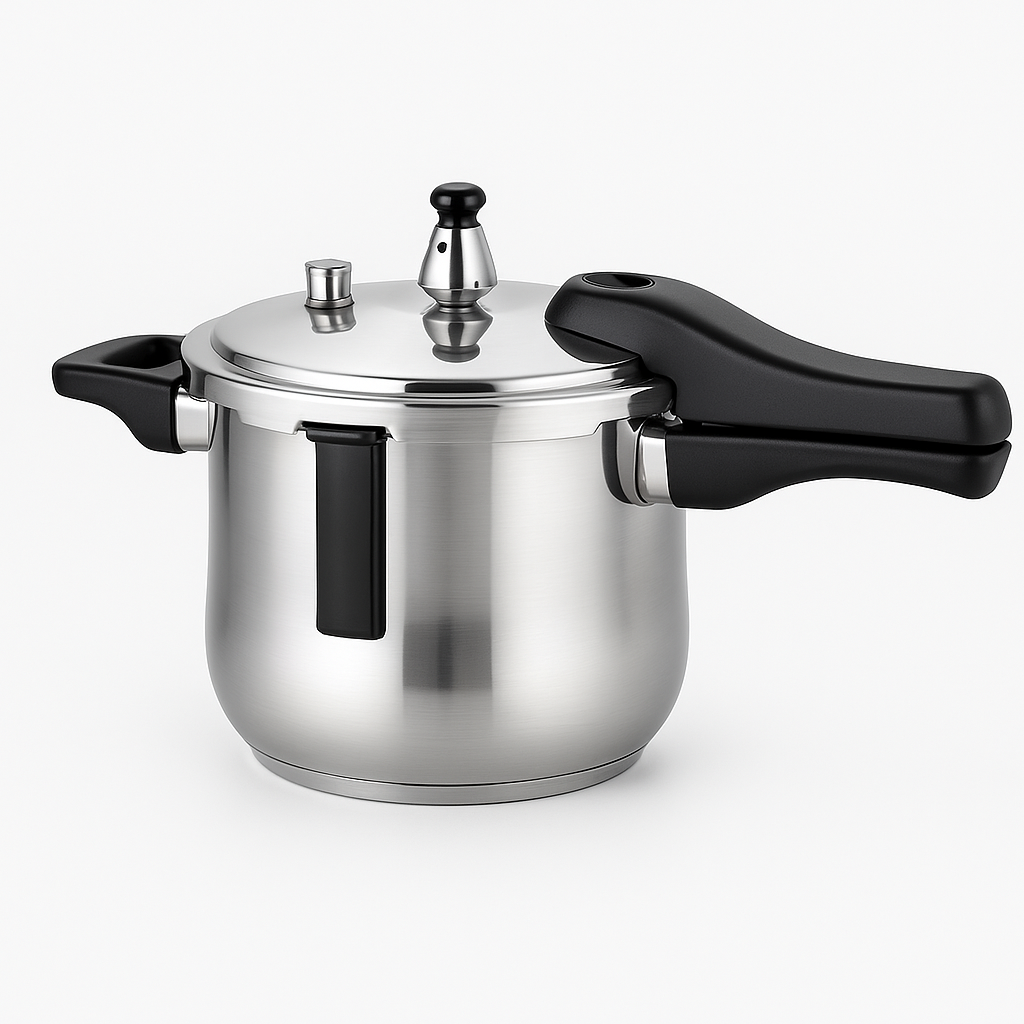 Close-up of the brushed steel body and locking side handle of the pressure cooker