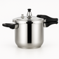 Side angle of the stainless steel pressure cooker showing its three-layer flat base