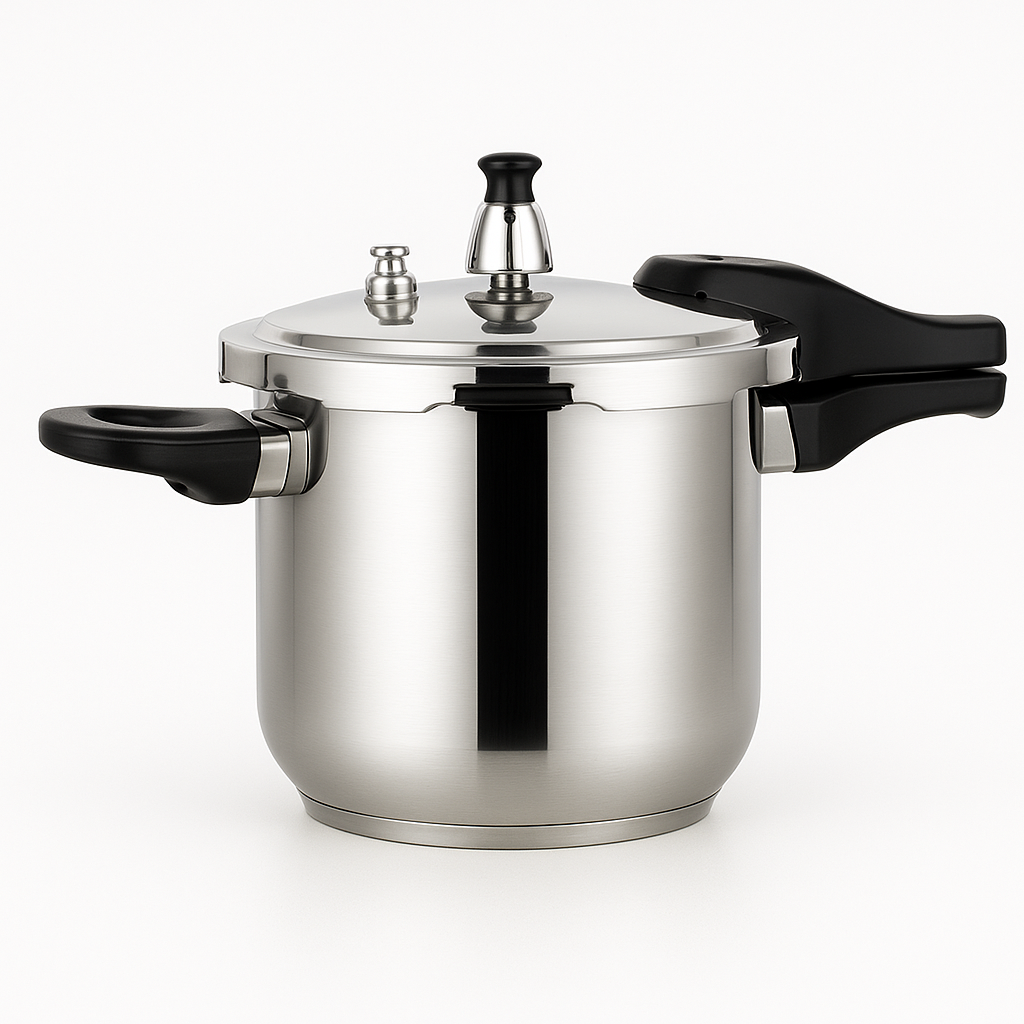 Side angle of the stainless steel pressure cooker showing its three-layer flat base
