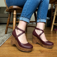 Customer photo of wine wedge heels worn at home