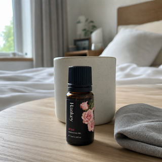 Customer review photo of the rose essential oil bottle on a bedside table