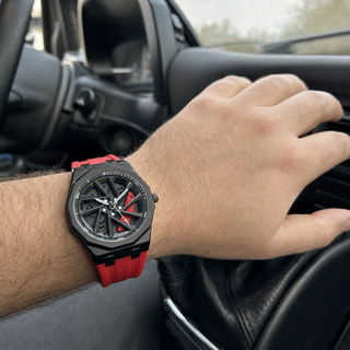 Customer photo Octagonal Car Wheel Quartz Watch red strap worn while driving