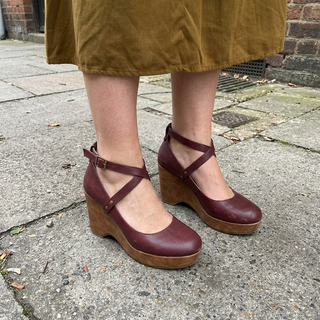 Customer photo of wine wedge heels worn outdoors
