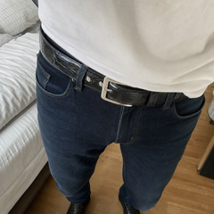 Customer photo of the black crocodile pattern leather belt worn on jeans