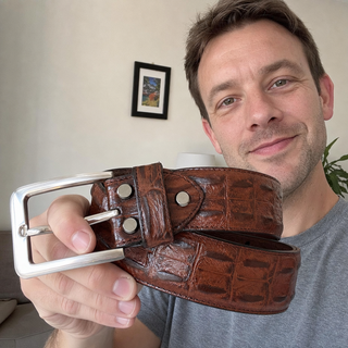 Customer photo of the reddish brown crocodile pattern leather belt held in hand
