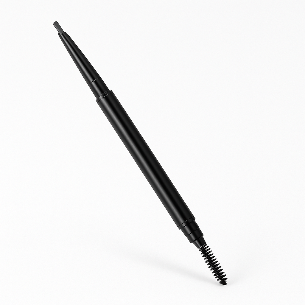 Double-ended eyebrow pencil front view showing micro tip and spoolie ends