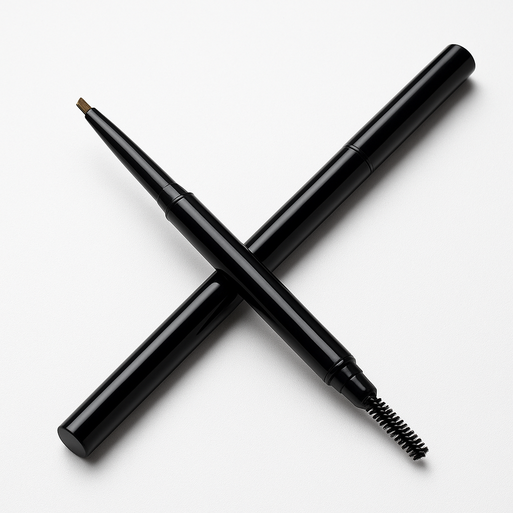 Side angle of the double-ended eyebrow pencil with both ends visible