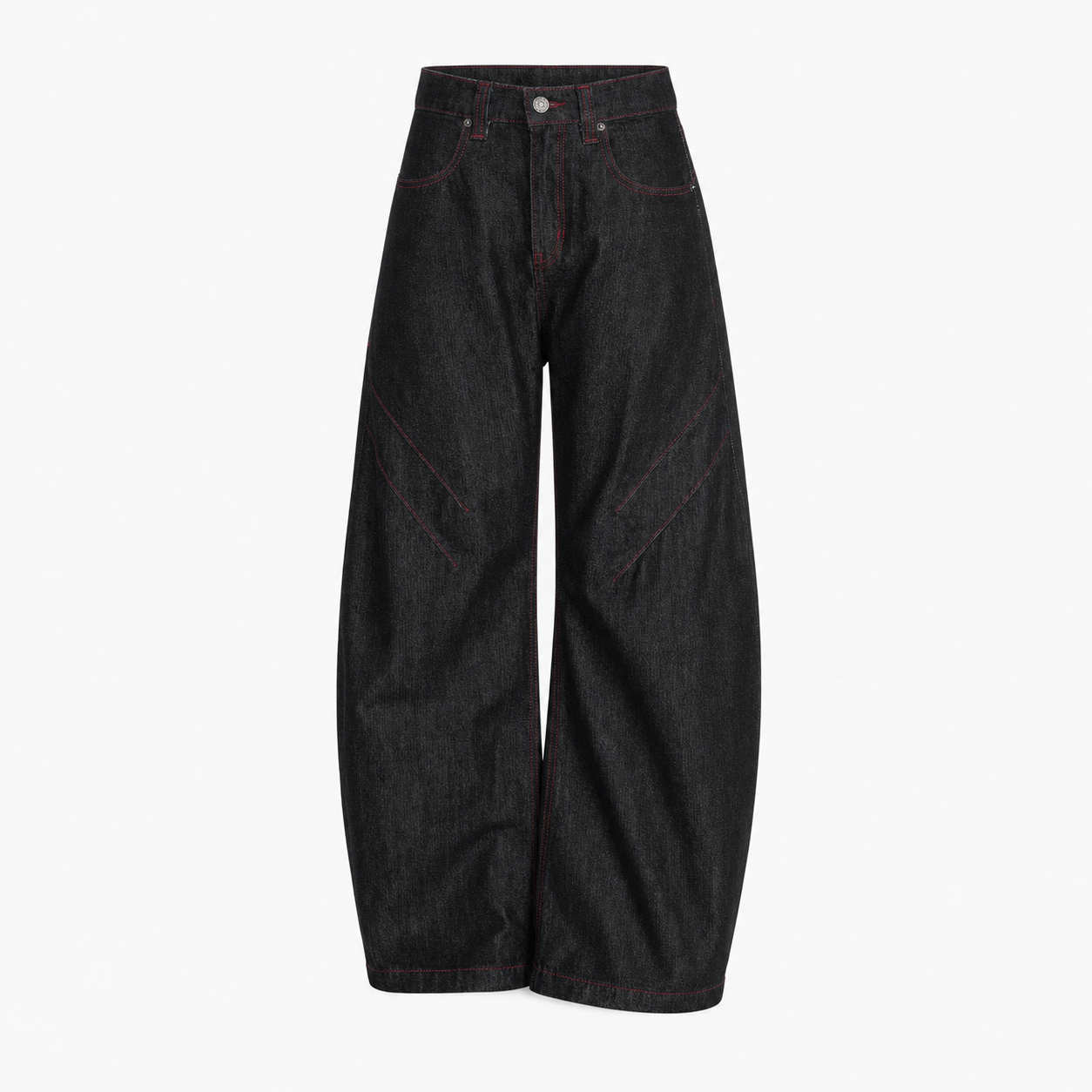 Wide leg cotton denim jeans worn on a kitchen morning with a knit top