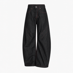 Wide leg cotton denim jeans worn on a kitchen morning with a knit top
