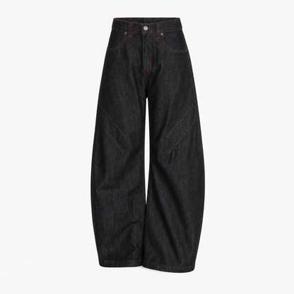 Wide leg cotton denim jeans worn on a kitchen morning with a knit top
