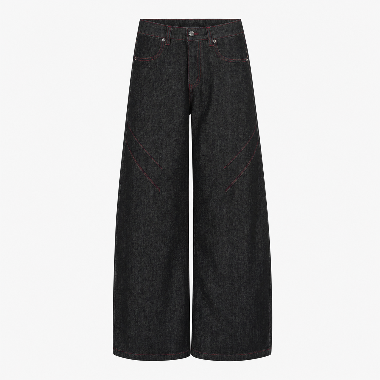 Close detail of red contrast stitch at the side seam of the denim