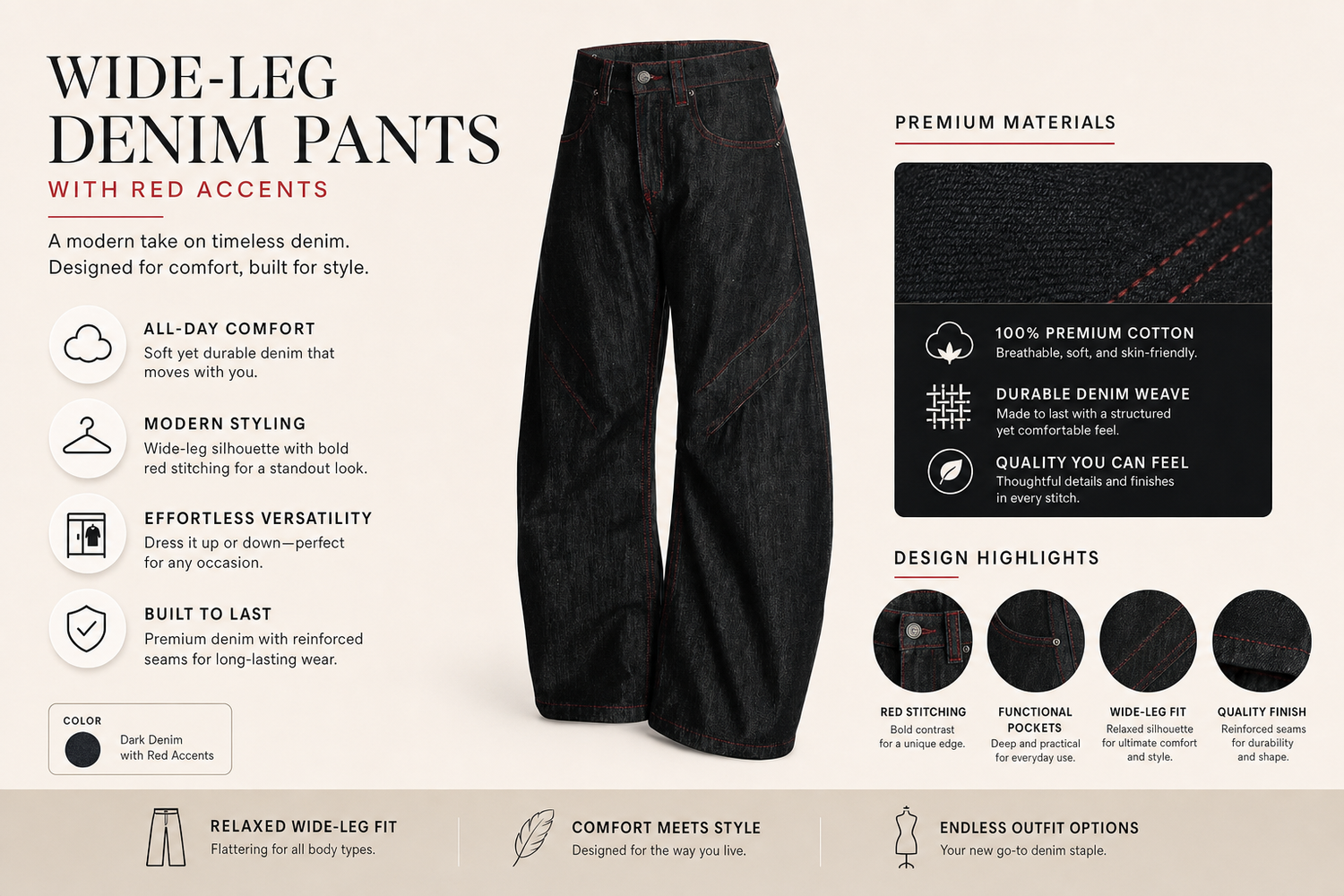 wide leg denim pants with red accents 5