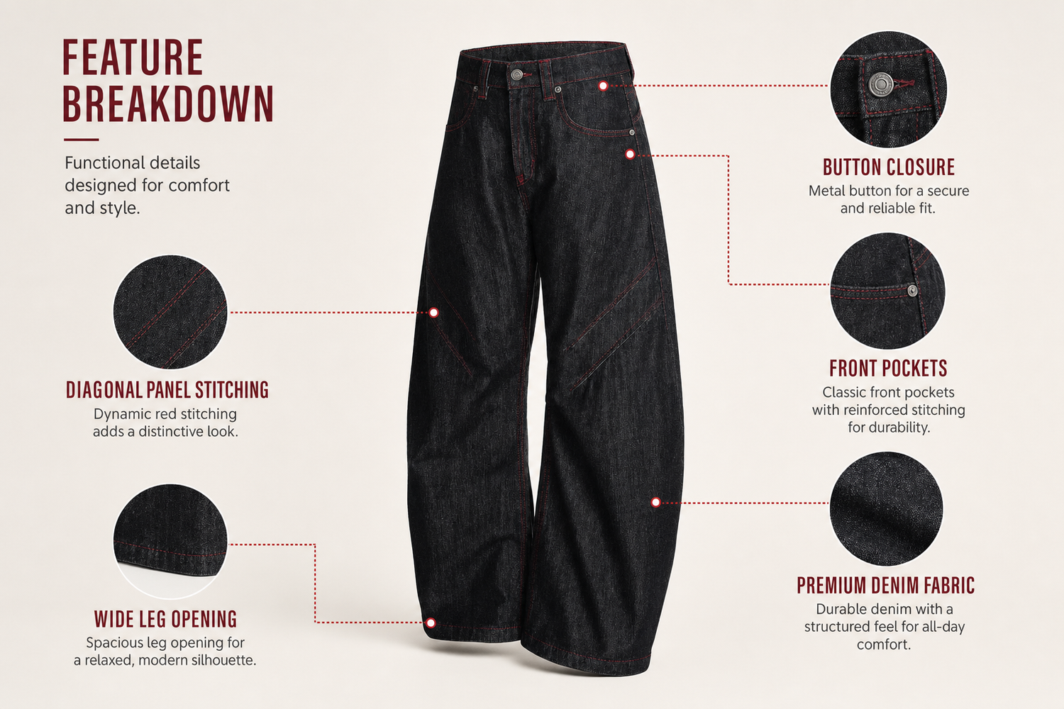 wide leg denim pants with red accents 6