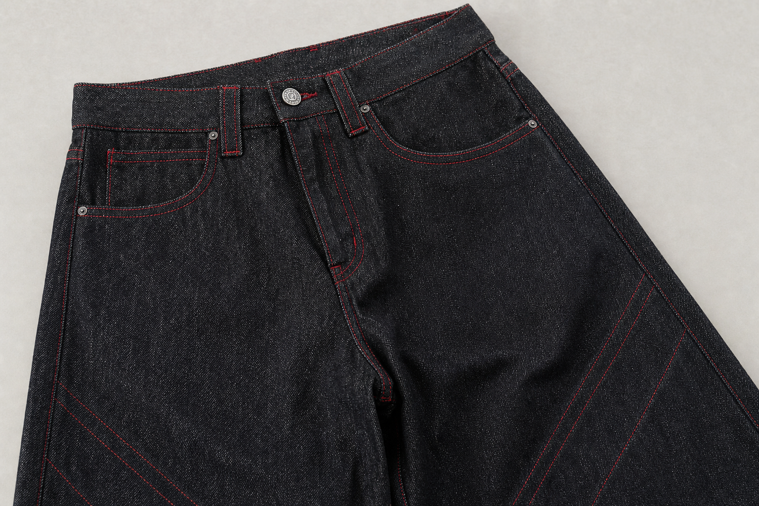 wide leg denim pants with red accents 7