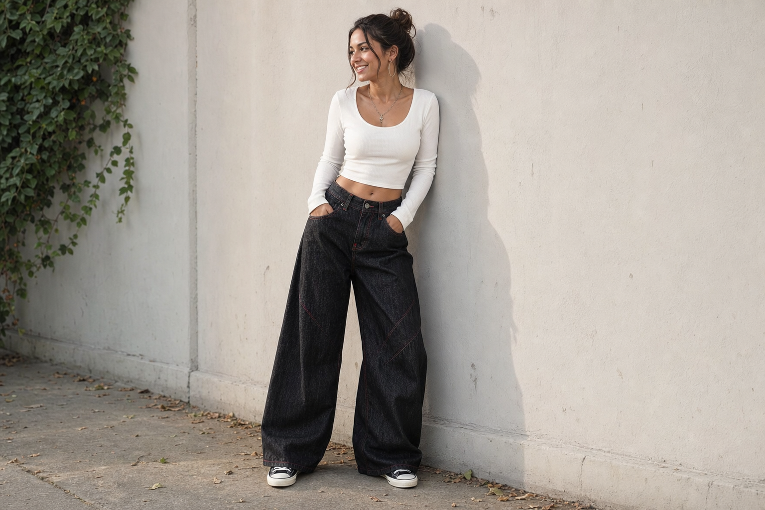 wide leg denim pants with red accents 9