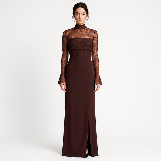 Lace Bodice Long Sleeve Maxi Evening Dress