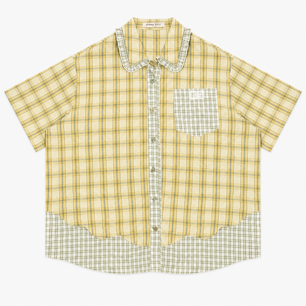 Green plaid short sleeve shirt with doll collar, front view buttoned