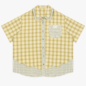 Green plaid short sleeve shirt with doll collar, front view buttoned