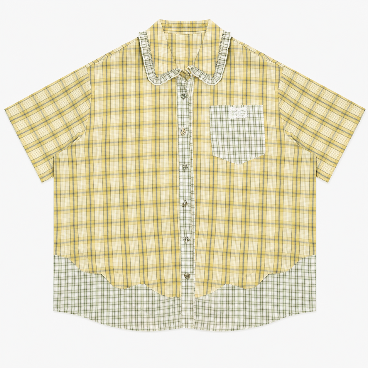 Green plaid short sleeve shirt with doll collar, side profile view