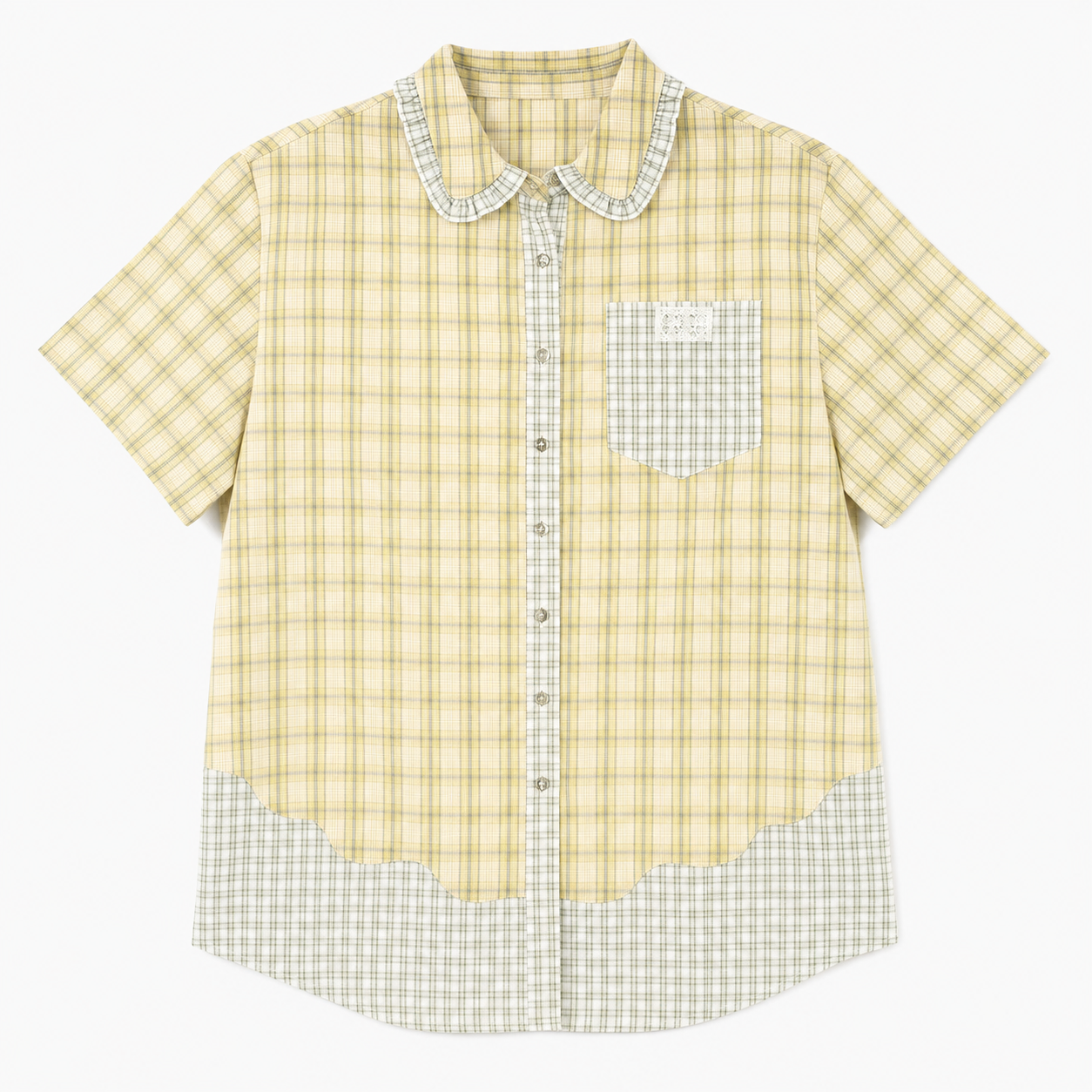 Green plaid short sleeve shirt with doll collar, angled styling view