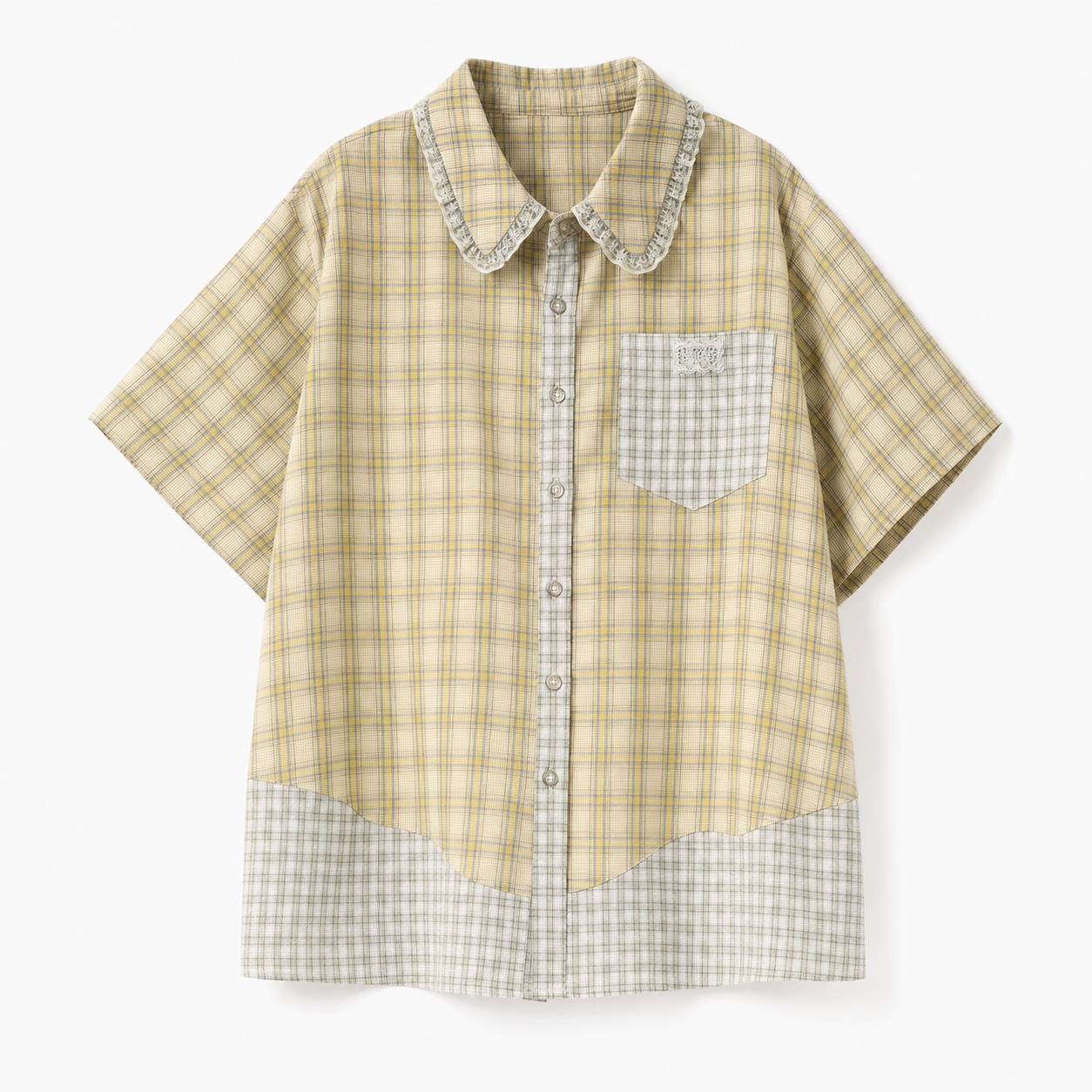Green plaid short sleeve shirt with doll collar, flat lay layout