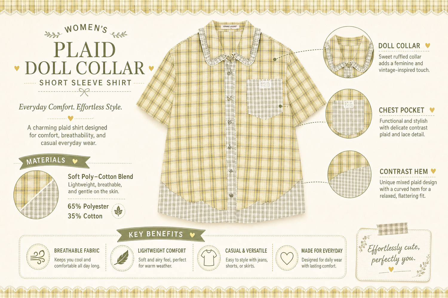 womens plaid short sleeve shirt with doll collar everyday product for casual day trip relaxed outing with easy styling w 5