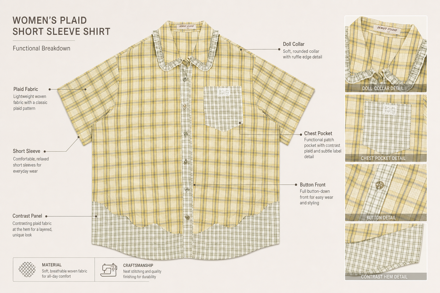 womens plaid short sleeve shirt with doll collar everyday product for casual day trip relaxed outing with easy styling w 6