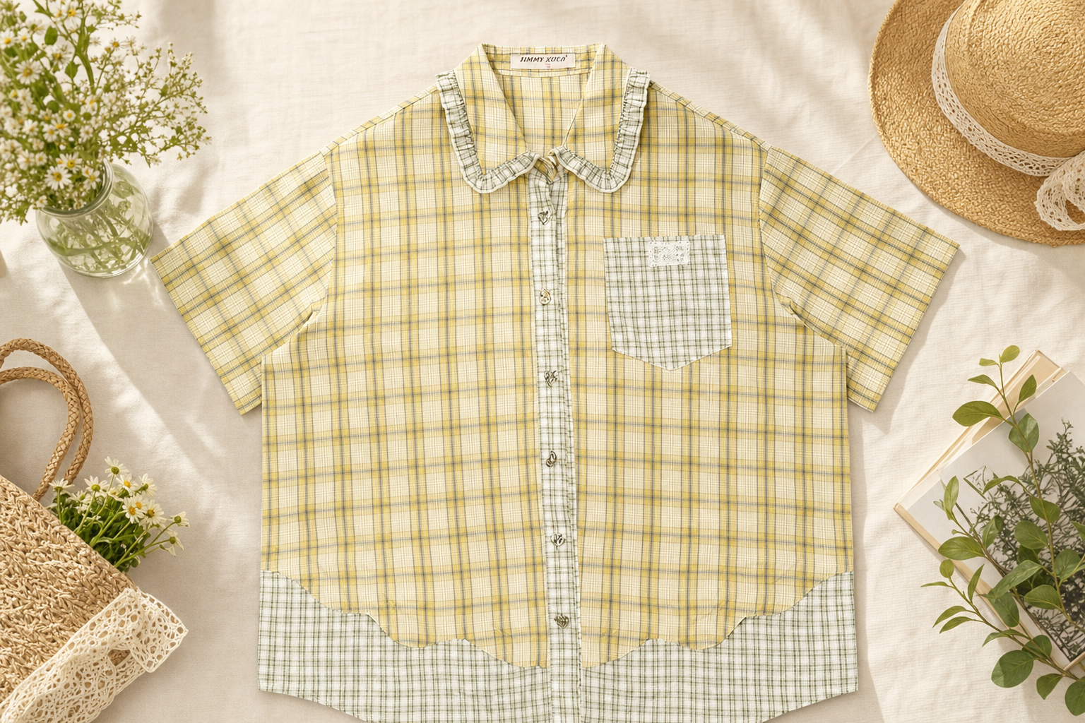 womens plaid short sleeve shirt with doll collar everyday product for casual day trip relaxed outing with easy styling w 9